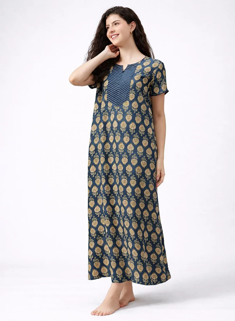 كلوفيا Floral Print Long Nighty in Navy Colour - Rayon